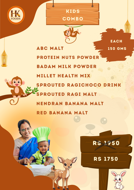 Kids Combo Mix (1.ABC, 2.Sprouted Ragi Malt , 3.Protein Nuts Powder, 4.Ragi Choco Drink, 5.Red Banana Malt 6.Badam Powder, 7.Nendran Banana Malt,8. Millet Health Mix)